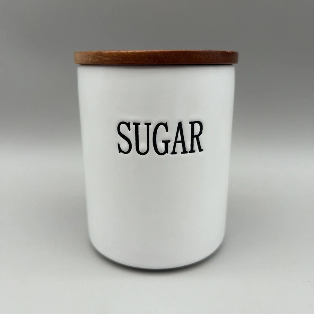 Farmhouse Sugar Canister White Stoneware Bamboo Lid Kitchen Storage Jar